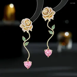 Boucles d'oreilles pendantes couleur or Rose pour femmes et filles, zircone cubique, feuille de fleur, cœur Rose, goutte, cadeau pour sœur et fille