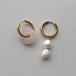 Boucles d'oreilles pendantes or argent cerceau en acier inoxydable pierre naturelle Jade Rose Quartz cristal pour femmes lustre nacré intemporel