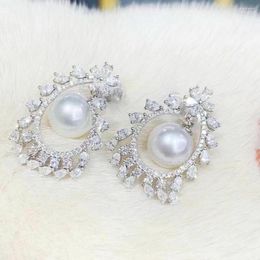 Pendientes colgantes Gorgeous 10-11mm South Sea Round White Pearl Earring 925s Ears Moissanite Hoop Traft