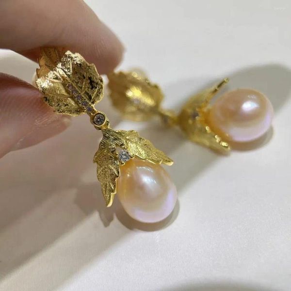 Pendientes colgantes Precioso pendiente de perla rosa de oro del Mar del Sur de 10-11 mm 925s