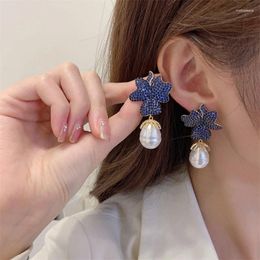 Boucles d'oreilles pendantes magnifique bleu fushia fleur imitation perle femmes luxe incrusté pierre CZ bijoux de mode vêtements quotidiens cadeau de fête femme