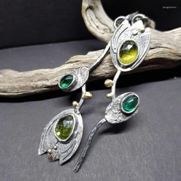 Baumelnde Ohrringe Wunderschöne eingelegte grüne Zirkon-Anweisung für Frauen Vintage-Schmuck Knospe Blume Silber Farbe Metall Blaugrün