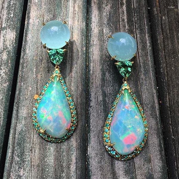 Boucles d'oreilles pendantes magnifique larme opale pour les femmes bijoux Vintage luxueux couleur or métal rond pierre de lune coeur