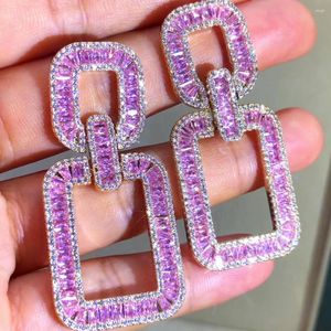 Boucles d'oreilles pendantes magnifiques, tendance, rose, violet, grand carré pour femmes nobles, bijoux de mariage de luxe pour dames, quotidien