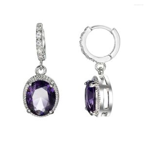 Boucles d'oreilles pendantes magnifique plaqué or blanc zircon cubique violet améthyste saphir ovale CZ Huggie géométrique femmes bijoux de fiançailles