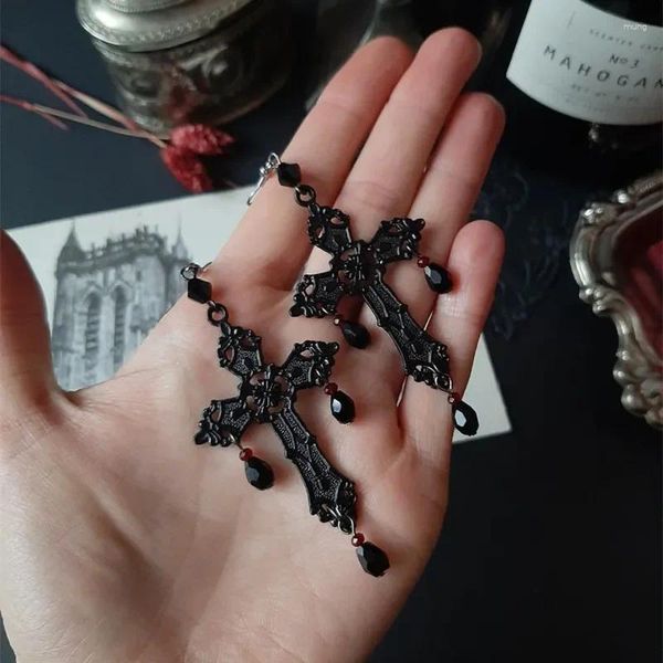 Pendientes colgantes gótico negro cruz granate y araña de cristal gran declaración trad goth brujería joyería moda mujeres regalo medieval