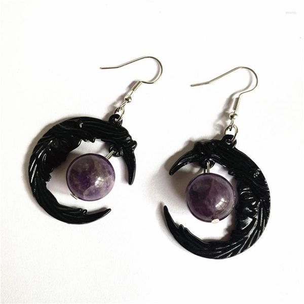 Boucles d'oreilles pendantes gothique noir lune violet Quartz croissant bijoux sorcière païenne Alternative mystérieuse dame cadeau