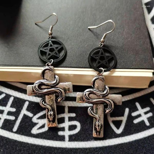 Boucles d'oreilles pendantes gothiques noir pentagramme serpent goutte pour femmes Vintage exagérer croix boucles d'oreilles Antique couleur argent Goth bijoux VGE174