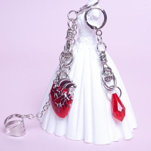 Boucles d'oreilles pendantes gothique coeur battre boucle d'oreille avec clip de manchette d'oreille main en métal irrégulière cristal rouge pour les femmes cadeaux d'halloween