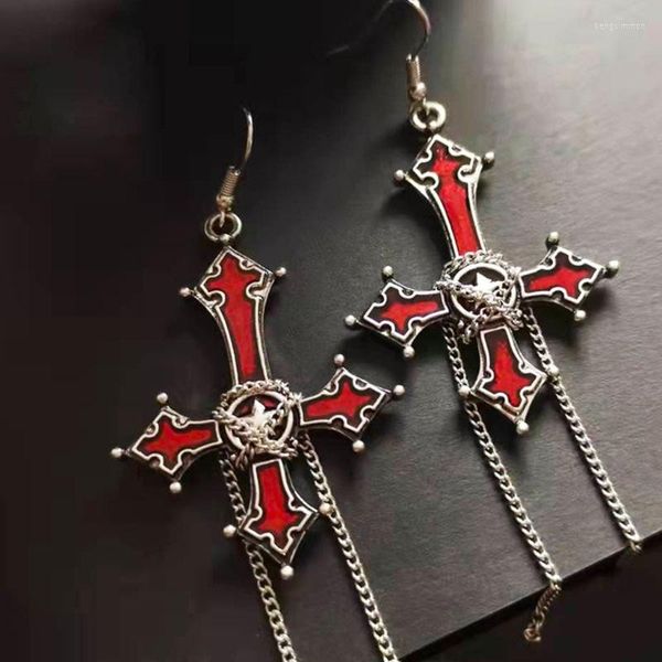 Boucles d'oreilles pendantes Gothique Punk Cross-Dangle Bijoux religieux Red Cross-Earring Rock Skeleton Long Chain