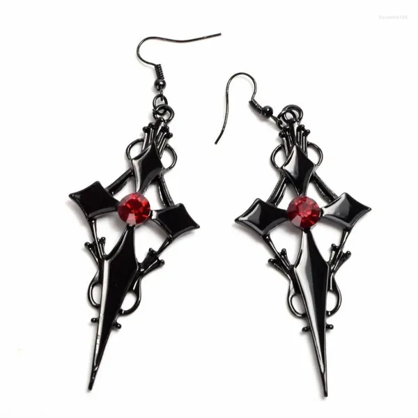 Pendientes colgantes con colgante de cruz victoriana gótica con cristales austriacos rojos, regalos de joyería de mano con diamantes de imitación D55Y