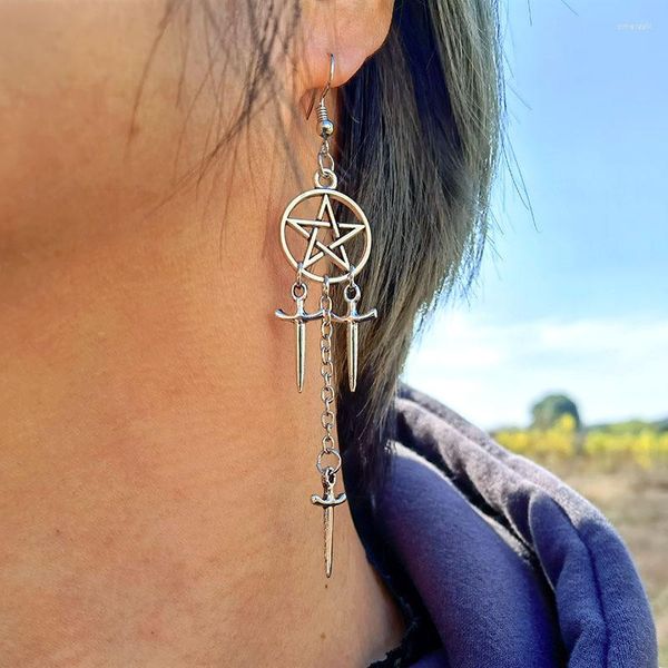 Boucles d'oreilles pendantes gothiques pour femmes, accessoires de sorcellerie, croix épée, magicien, pentagramme magique, païen, bijoux Punk, VGE169