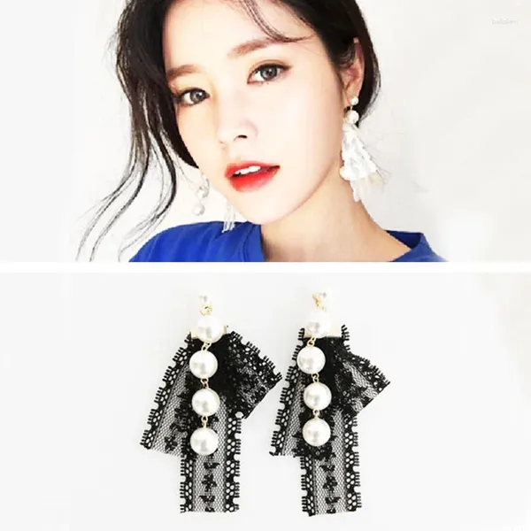 Pendientes colgantes Gothletic negro/blanco tela encaje gota 2024 moda perla simulada larga para mujeres joyería romántica