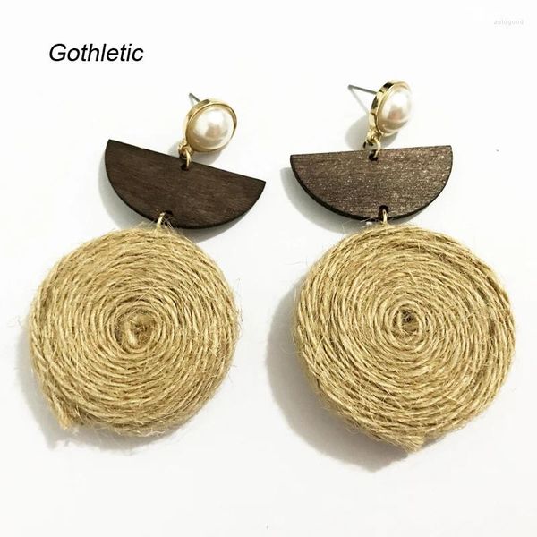 Pendientes colgantes de ratán gothletic de mimbre de mimbre arete de madera envoltura de hilo big disco geométrico joyas de verano