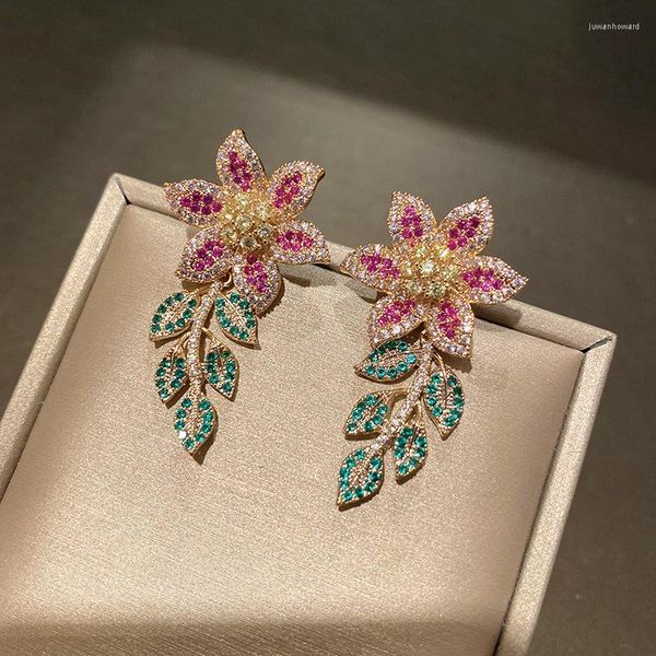 Boucles d'oreilles pendantes grâce étamine cristal fleurs mode tempérament cubique Zircon fête de mariage amis cadeau pour les femmes Boucle Doreille Luxe