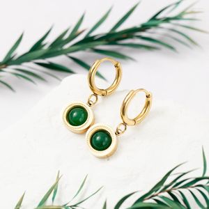 Boucles d'oreilles pendantes Agate verte pendentif en pierre naturelle en acier inoxydable plaqué avec un design de niche en or véritable 14 carats pour les femmes