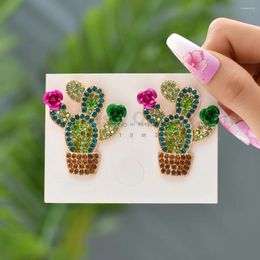 Boucles d'oreilles pendantes Cactus en cristal vert pour femmes, tendance, luxe, plante en métal, Piercing, anneau d'oreille, bijoux, accessoires, cadeau de fête pour filles