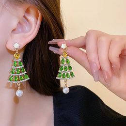 Boucles d'oreilles pendantes en cristal vert, arbre de noël, cœur, étoile, perle, goutte pour femmes, esthétique, luxe, mode coréenne, bijoux