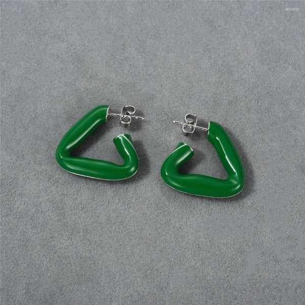 Boucles d'oreilles pendantes créoles triangulaires en émail vert en argent sterling plaqué or 18 carats