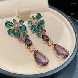 Boucles d'oreilles pendantes fleurs vertes gouttes d'eau violettes en forme de goutte cristal couleur polyvalente longue luxe