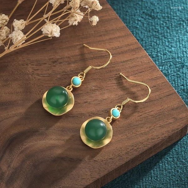 Boucles d'oreilles pendantes perle de jade verte sculptée pierres précieuses naturelles accessoires en pierre cadeau bijoux de mode 925 argent femmes talismans chinois