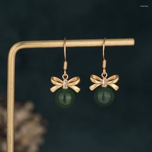 Boucles d'oreilles pendantes en jade vert avec nœud papillon de styliste pour femmes, bijoux vintage en jadéite, amulettes naturelles chinoises en argent 925, accessoires en pierre, cadeaux