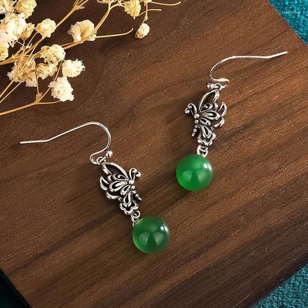 Pendientes colgantes Jade verde Mariposa Mujeres Diseñador Talismanes Joyería real Amuleto de plata 925 Piedras preciosas talladas naturales chinas