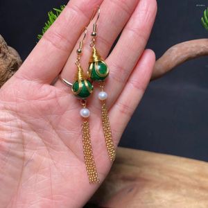 Boucles d'oreilles pendantes Jade vert sculpté amulettes en pierre accessoires perles naturelles mode émeraude 925 argent perle femmes bijoux Talismans