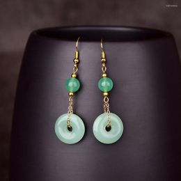 Boucles d'oreilles pendantes en forme de beignet de jade vert, bijoux à breloques, pierres précieuses, mode naturelle, argent 925, styliste chinois pour femmes réelles