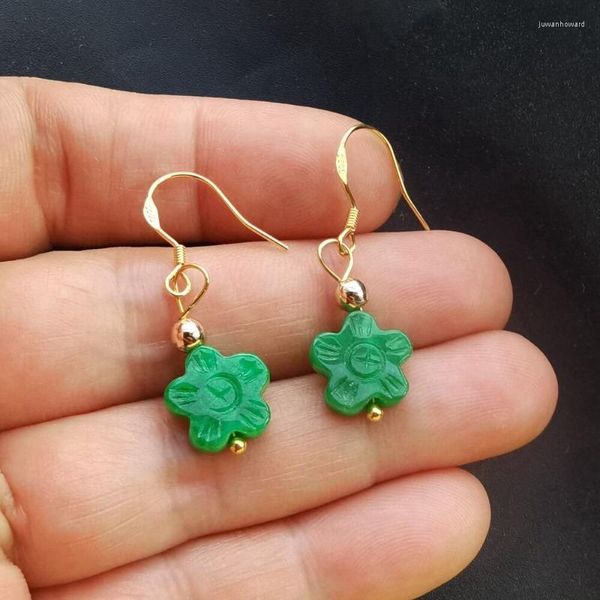 Boucles d'oreilles pendantes Jade vert Double face sculpture fleur femmes jadéite pierres précieuses naturelles accessoires charme 925 argent cadeau amulette bijoux