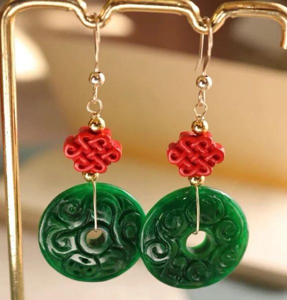 Pendientes colgantes Jade verde Tallado de doble cara Dinero Mujeres Jadeíta Accesorios de piedras preciosas naturales Encanto 925 Joyería de amuleto de regalo de plata