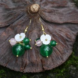 Dangle Boucles D'oreilles Vert Jade Fleur Femmes Bijoux Amulette De Mode Chinois Pierres Précieuses Accessoires Designer Naturel Cadeau 925 Argent