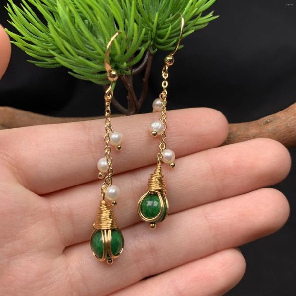 Boucles d'oreilles pendantes Jade vert pour femmes cadeau perle 925 argent pierre cadeaux accessoires amulettes de créateur véritable naturel émeraude bijoux perles