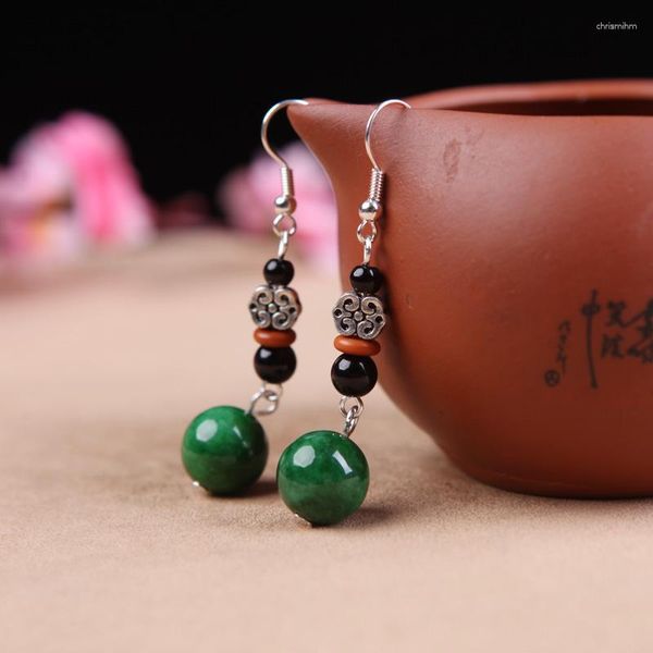 Pendientes de colgación Jade verde Natural 925 Silver Emerald Jadeite Mujeres Amuletas de regalo tallados Charmas Joyas de moda china Gemstones