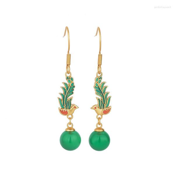 Boucles d'oreilles en peluche verte jade phoenix gemmstone charme bijoux bijoux vintage cadeau femmes chinois 925 argent charmes jadeite talismans