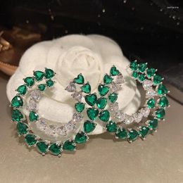 Boucles d'oreilles en peluche verte cercle d'amour élégant doux beauté s925 broche en argent exagérée en trois dimensions multicouches