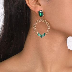 Pendientes colgantes de aro de diamantes de imitación verdes para mujer, anillo de oreja de lujo redondo grande Vintage, accesorios de joyería al por mayor
