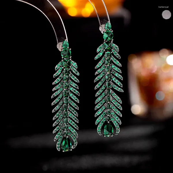 Boucles d'oreilles pendantes avec plumes vertes et jaunes pour femmes, bijoux de luxe, zircone cubique, cadeau de soirée