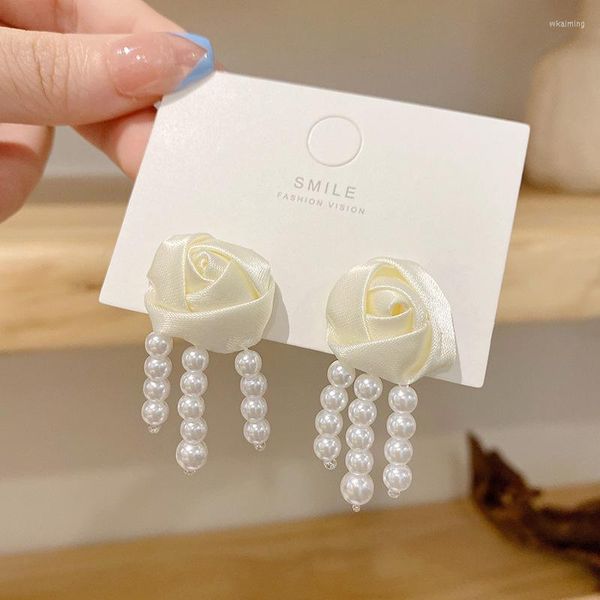 Boucles d'oreilles pendantes GSOLD Style français doux tissu blanc Rose fleur pour les femmes douce Imitation perle gland tempérament bijoux