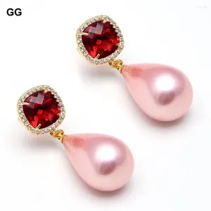 Bengelen oorbellen guaiguai sieraden natuurlijke roze zee shell parel traangouden kleur vergulde rode kristal cz pave stud voor vrouwen