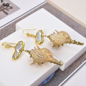 Dangle Oorbellen GuaiGuai Sieraden Geel Goud Kleur Vergulde Witte Biwa Parel Zeeschelp Slak