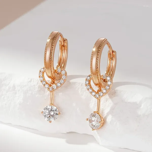 Pendientes colgantes Gulkina Pendiente de gota hueco en forma de corazón para mujer Circón natural inusual 585 Color oro rosa diario fino étnico