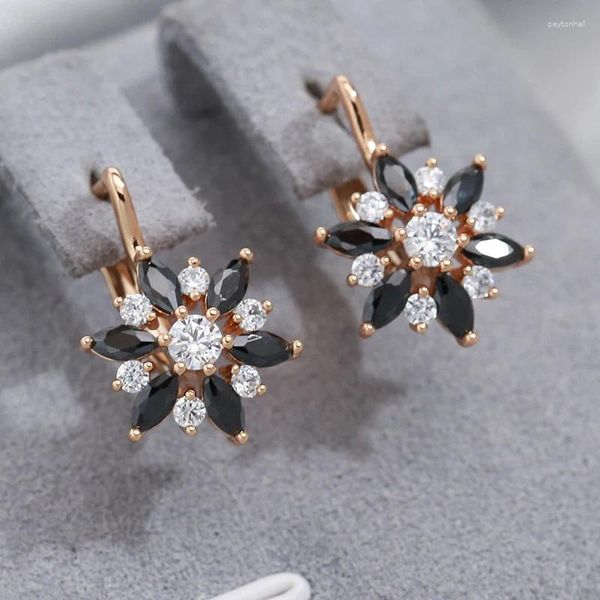 Pendientes colgantes Flor de Gulkina Inglés Mujer 585 Cera de oro rosa con incrustaciones de doble color Circón natural Joyería de regalo para novia