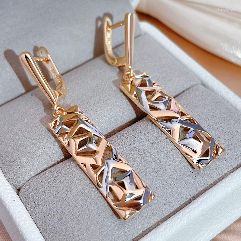 Dangle Earrings Gulkina Luxury 585 Rose Gold With Silver Wedding Fashion Rectangle Hollowレトロジュエリー