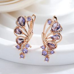 Boucles d'oreilles pendantes Gulkins tendance 585 couleur or Rose papillon goutte pour femmes brillant violet naturel Zircon fin quotidien bijoux cristal cadeau