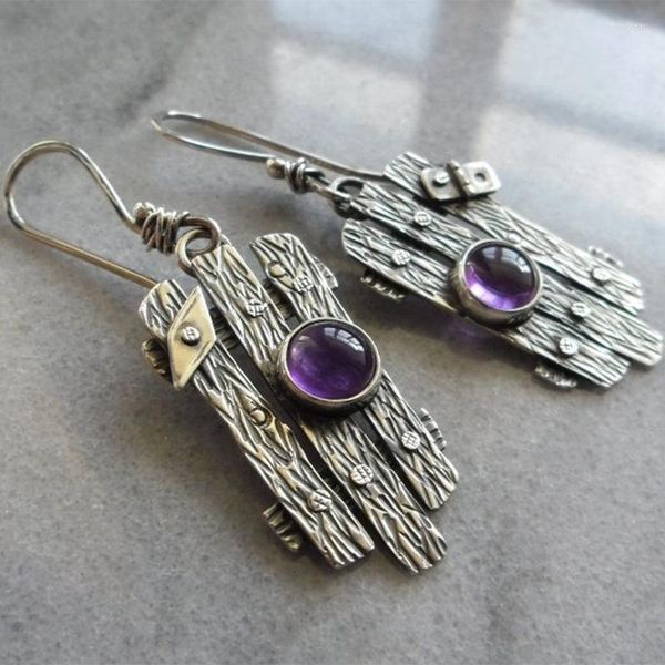 Boucles d'oreilles pendantes pour femmes, crochet en métal Antique sculpté de clôture gitane, perles rondes violettes, bijoux en pierre, boucles d'oreilles pendantes