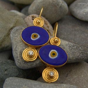 Pendientes colgantes redondos gitanos para mujer, esmalte azul marino, joyería turca, gancho en espiral de Metal de Color dorado