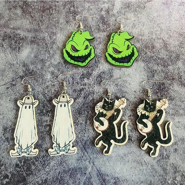 Pendientes colgantes dibujos de Halloween fantasmas gota de madera impresa para mujer 2024 regalo de joyería embrujada al por mayor