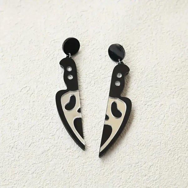 Pendientes colgantes Joyería de Halloween Diseño de cuchillo con patrón de fantasma Estilo retro Y2K Acrílico Delicado regalo femenino