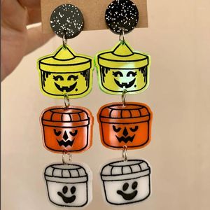 Boucles d'oreilles pendantes thème d'halloween pour femmes, tricolore, bonbons maïs/paillettes noires, chauve-souris acrylique/seau d'halloween, accessoires effrayants